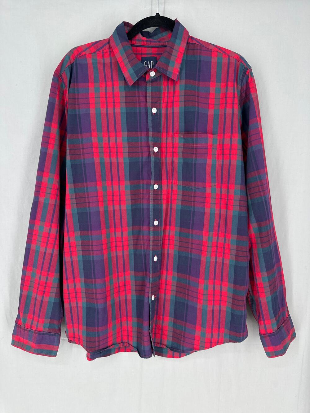 Gap Shirt Mens Large Red Plaid Button Cotton Stretch Blue Classic Long Sleeve